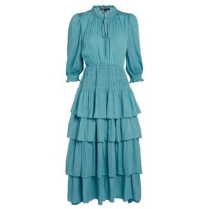 NWT Maje Radjinette Tied Neck Tiered Satin Midi Dress Bleus Clair Ruffle